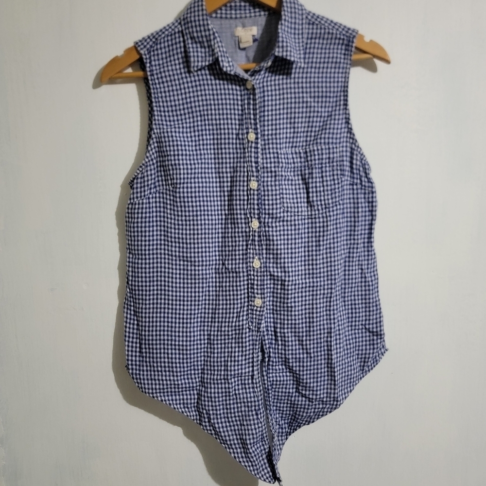 J. Crew Factory Blue Gingham Print Button Down Western Tie Front Sleeveless Top